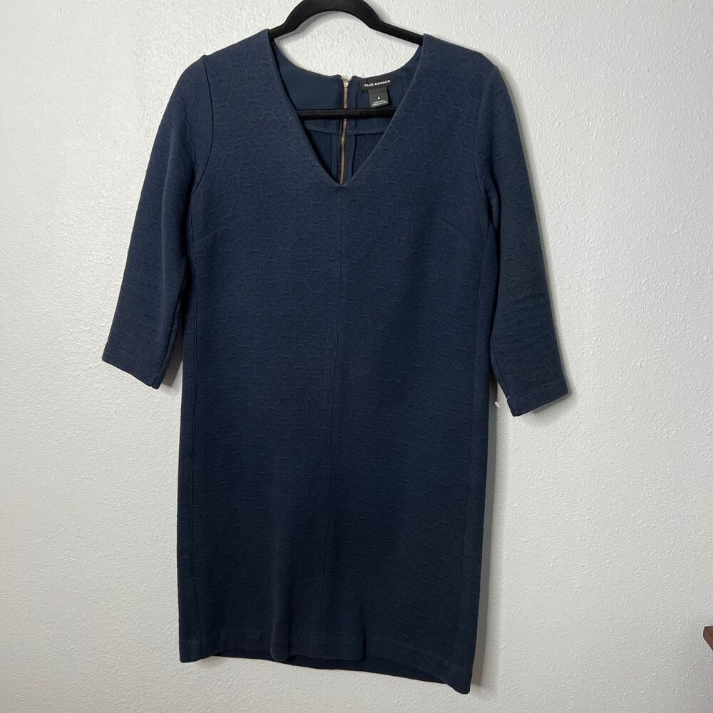Club Monaco Shift Dress Navy V-Neck Geometric Print Back Zip 3/4 Sleeve Sz 2